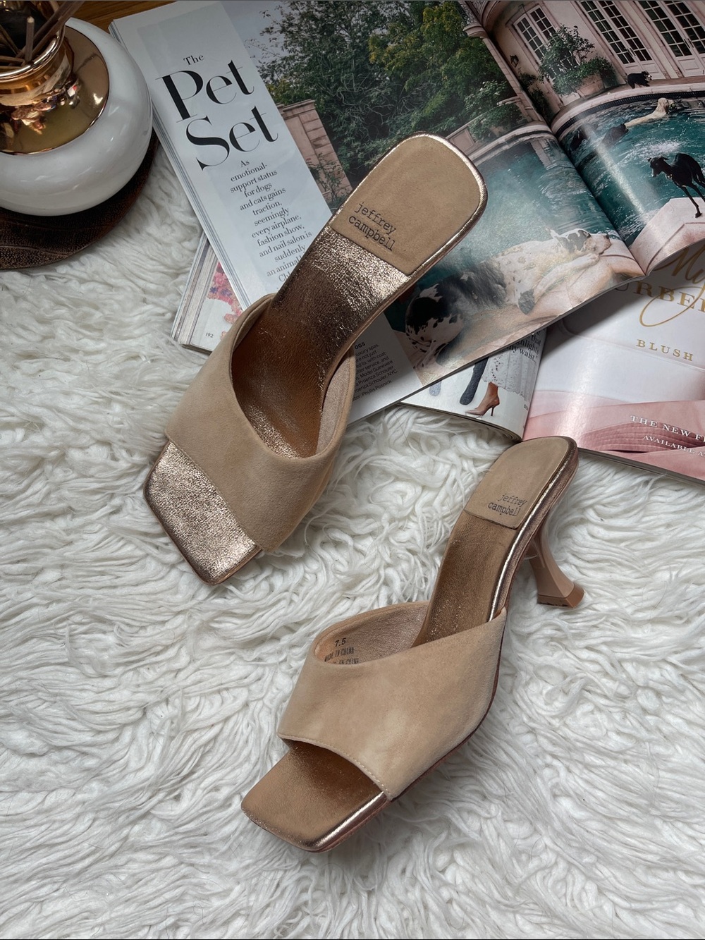 Jeffrey Campbell Nude Suede Mule Sandals with Rose-Gold Footbed